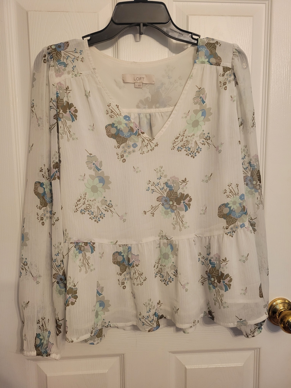 LOFT White Floral V-Neck Peplum Blouse with Blue & Green Accents